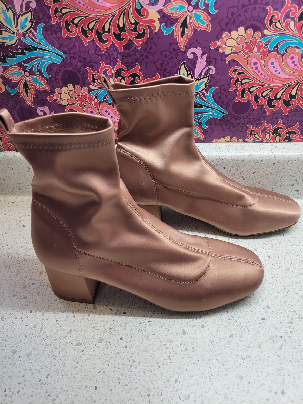 067 Forever 21 Blush Satin Sock Boots Block Heel - EUR 37, US 6.5-7 SOLD AS IS
